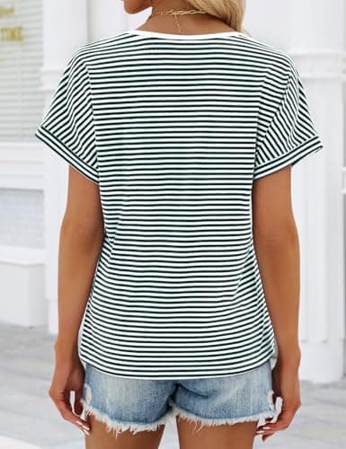 JUSTFASHIONNOW Womens Striped Henley T Shirts Short Sleeve V Neck Summer Tops 2026 Button Front Dressy Casual Blouses view 5