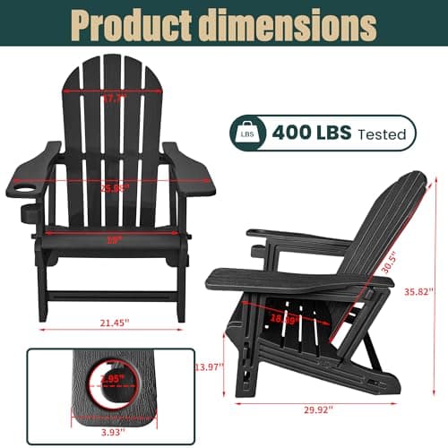 Adirondack Chair with Cup Holder,Tool-Free Assembly,No Screws Needed,All-Weather HDPE Plastic Outdoor Patio Chair,Wood-Grain Slatted Look,Easy to Take Apart for Storage,Fire Pit Chairs(Classic Black) view 3