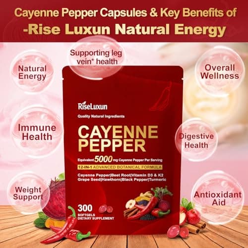 RiseLuxun 12-in-1 Cayenne Pepper Capsules Supplement*, 5000mg Per Serving Containing | Vitamin D3 K2+E & Extracts of Grape Seed, Hawthorn, Beetroot, Berberine Other Extracts view 3