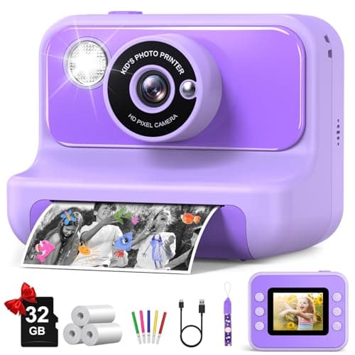 Kids Camera Instant Print, Christmas Birthday Gifts for Girls and Boys, 1080P HD Video Digital Kids Camera with 32G Card, Toddler Camera for 3-12 Years Old, Purple