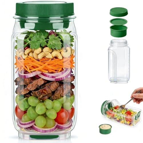 VKX 2026 Upgraded Salad Jar Side Open, 35oz (1000ml) Leakproof Salad Jar Lunch Container with Dressing Cup & Lid, Dishwasher Safe for Office & Outdoors, Travel (Green)