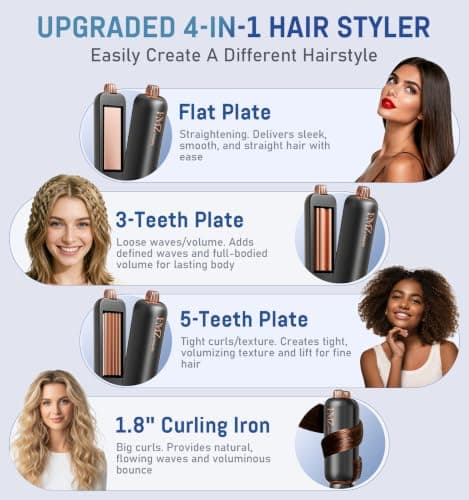 FMZ Flat Iron Hair Straightener, Titanium Ceramic Hair Straighteners for Women, Rotating 4-in-1 Dual Voltage Travel Flat Iron for Straightening, Curling, Volumizing, Root Lift, 10s Fast Heat, Black view 2