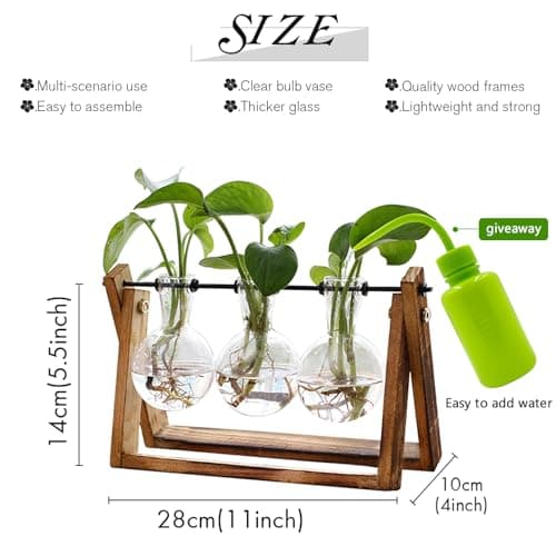 XXXFLOWER Plant Terrarium with Wooden Stand, Air Planter Bulb Glass Vase Metal Swivel Holder Retro Tabletop for Hydroponics Home Garden Office Decoration - 3 Bulb Vase view 2