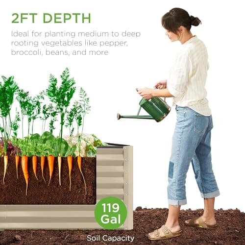 Best Choice Products 4x2x2ft Outdoor Metal Raised Garden Bed, Deep Root Box Planter for Vegetables, Flowers, Herbs, 119 Gallon Capacity, 100% Non Toxic Materials - Beige view 4