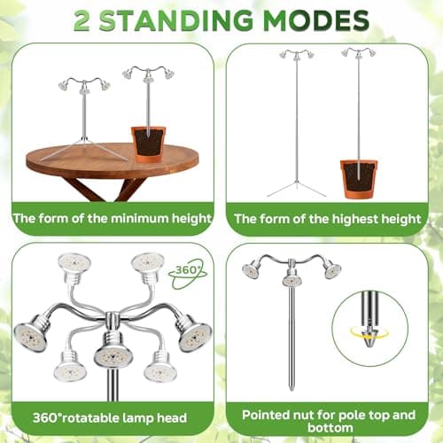 Full Spectrum Grow Lights for Indoor Plants 15-62 Inches Height Adjustable Aluminum Alloy Plant Growing Lamps with Detachable Tripod Stand, Auto On/Off Timer (Full Spectrum, Three Heads) view 6