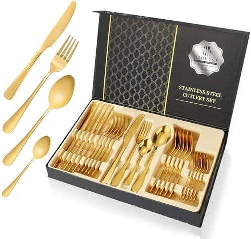 Gold Silverware Set, Stainless Steel Flatware Set Service for 6, Kitchen Cutlery Gift Set Utensils Knife Fork Spoon Dinnerware Tableware Kit for for Home, Wedding, Restaurant (Gold) — image 1