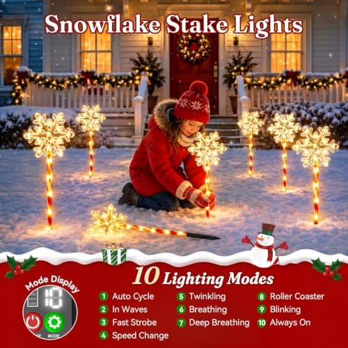 10 Pack Solar Snowflake Pathway Lights, Outdoor Christmas Lights Yard Decor 12-Hr Runtime Solar Snowflake Lights, Candy Cane Stake, 10 Modes Waterproof Christmas Light for Patio, Garden, Lawn, Backyard view 4