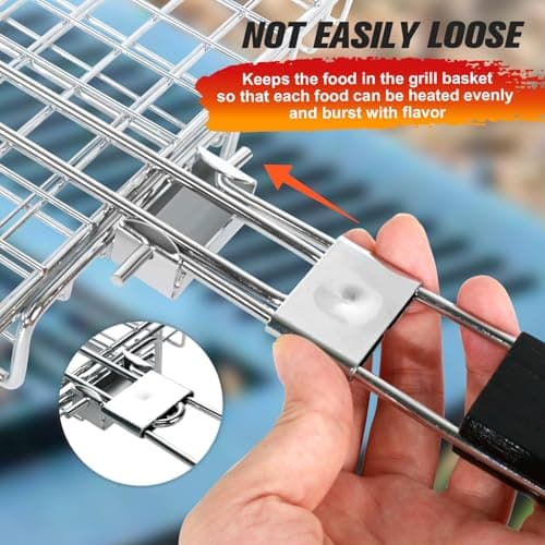 Grill Basket for Outdoor Grill, Stainless Steel Grilling Basket with Foldable Handle, Portable BBQ Cooking Rack for Fish, Vegetables, Shrimp, Chicken - Includes BBQ Skewers 6pcs,Basting Brush,Scrub Sponge-Upgrade view 6