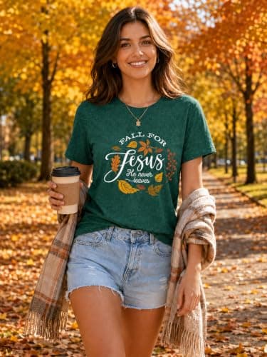 Fall Graphic Shirts for Women Faith Christian T-Shirt Vintage Autumn Thanksgiving Tops Retro Crew Neck Casual Tee view 2