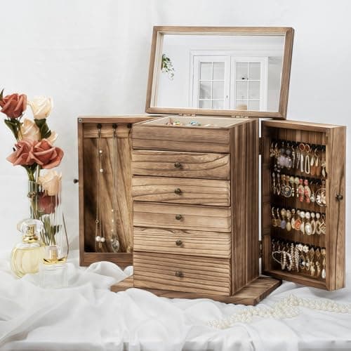 Emfogo Wooden Jewelry Box for Women, 6-Tier Large Jewelry Organizer Boxes with Mirror Rustic Solid Wood jewlery Storage Display for Rings Earrings Necklaces Bracelets watches(Carbonized Brown) view 5