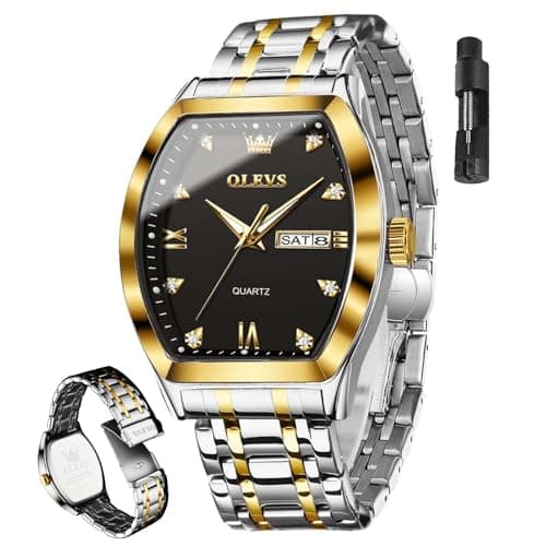 OLEVS Watch Men Black Rectangle Face Luxury Gold and Silver Stainless Steel Dress Wrist Watches for Men Fancy Waterproof Fashion Quartz Square Two Tone Mens Watches Relojes para Hombres