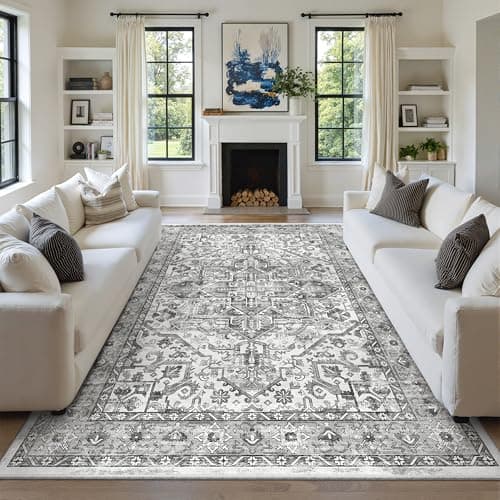 zesthome 8x10 Area Rugs for Living Room,Non-Slip Backing Washable Rugs,Vintage Large Area Rug，Stain Resistant Home Decor Rug (Grey/White,8'x10') view 1