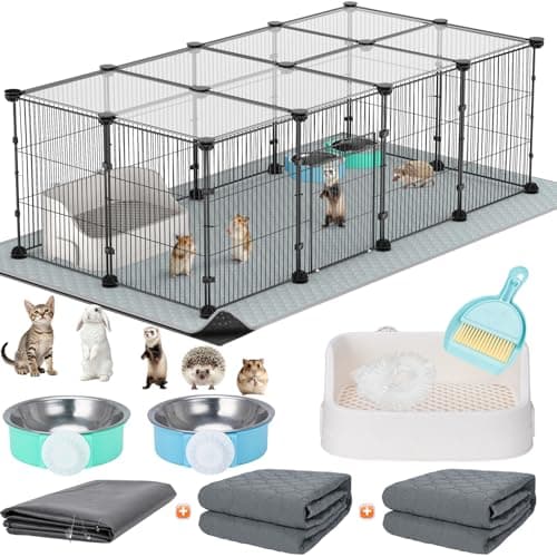 Tinnmao Rabbit Starter Kit, 20 Panels C&C Grid Cage with Waterproof Mat + 2 Washable Pee Pads + Litter Box + Food Bowls + Roof, Indoor Guinea Pigs Bunny Accessories (Black Metal Frame)