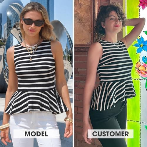 EXLURA Women Summer Tank Tops 97% Cotton Waffle Knit Peplum Top Sleeveless Crewneck Striped Ruffle Hem Business Casual Shirts view 2