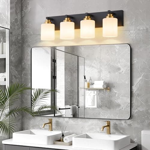 Bathroom Vanity Light Fixture, 4-Light Black and Gold Bathroom Light Fixtures Over Mirror with Milky White Glass Shades, Modern Vanity Lights for Bathroom Living Room Hallway (Bulbs Not Included) view 5