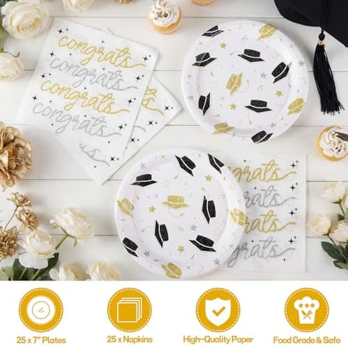 NatNarr 2026 Graduation Plates and Napkins, 50 Pcs Black and Gold Graduation Decorations with 7 Inch Grad Dessert Cake Plates，6.5 Inch Napkins for Class of 2026 Kindergarten Middle High College School view 4