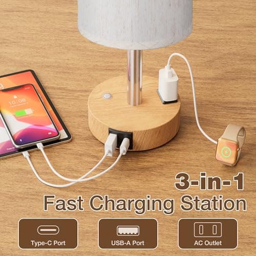Touch Bedside Table Lamp for Bedroom, Stepless Dimmable, USB A+C, AC Outlet | Base Touch Button Only, Memory Brightness, Ultra-dim Night Light, Included Bulb for Optimal Dimming, Wood Grain Base, Nursery view 3