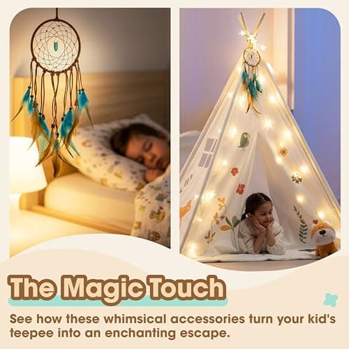 Teepee Tent for Kids with Lights, Kids Play Tent Indoor with Thicked Mat & Dream Catcher, Toddler Tent with Storage Pockets and Mesh Window for Reading Nook and Imaginative Games view 3