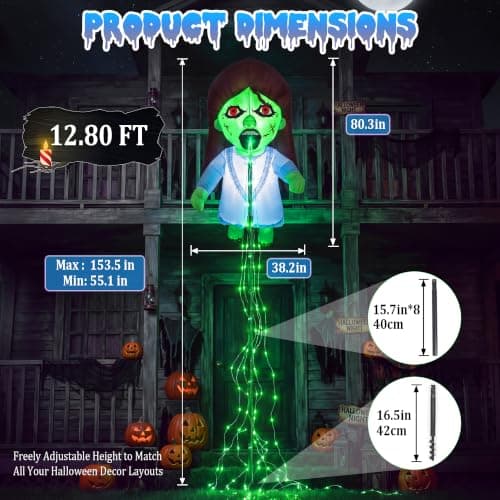 Giant Blue 12.8 FT Halloween Inflatables Floating Ghost Doll Yard Decor | Built-in Flowing Green LED String Lights, Blow Up Zombie Girl for Yard Lawn Garden Holiday Halloween Party Supplies view 5