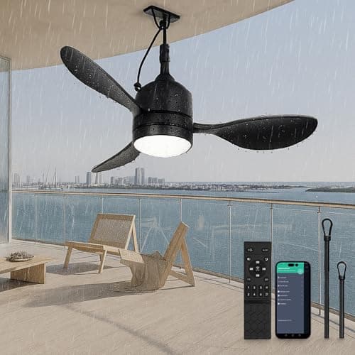 37" Outdoor Ceiling Fan with Light, IP65 Waterproof, Quiet DC Reversible Motor, APP & Remote Control, Dimmable LED 3 Color, 6 Speed, Timing Memory, Plug in Portable Ceiling Fan for Patio Porch Gazebo — image 1