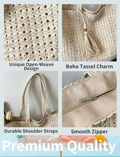 Gleease Straw Tote Bag for Women Woven Beach Bag Raffia Tote with Zipper for Summer Vacation Travel Pool Large Purses view 5