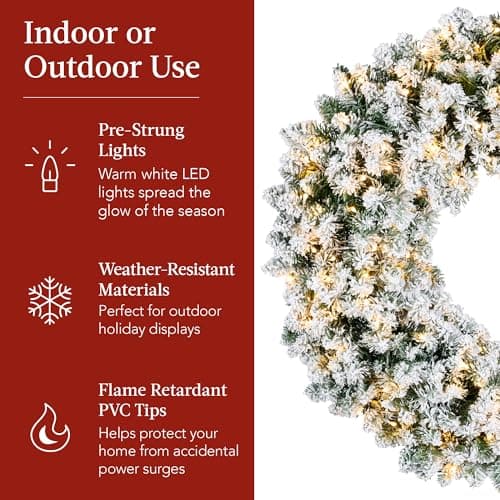 Best Choice Products 36in Large Flocked Artificial Pre-Lit Fir Christmas Wreath Holiday Accent Decoration for Door, Mantel w/Red Lighted Bow, 150 LED Lights, 300 PVC Tips, Power Plug-in view 6