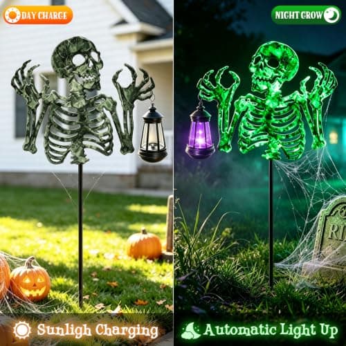 Halloween Skeleton Decorations Outdoor,Spooky Green Glowing Iron Skull | with 7-Color Changing & Flashing Mode Solar Lantern,Creepy Haunted House Prop,Gift for Kids Adults,Yard Patio Garden Party view 4