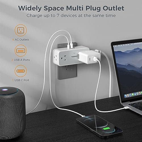 Multi Plug Outlet Splitter, TESSAN 4 Wall Outlet Extender with 3 USB Wall Charger(1 USB C), Surge Protecter 900J, Widely Spaced Multiple Plug Expander view 2