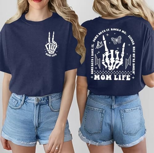 Ithalt Womens Mama Shirt Mom Life Shirts Skeleton Mother Printed T-Shirt Rock and Roll Short Sleeve Tops view 2