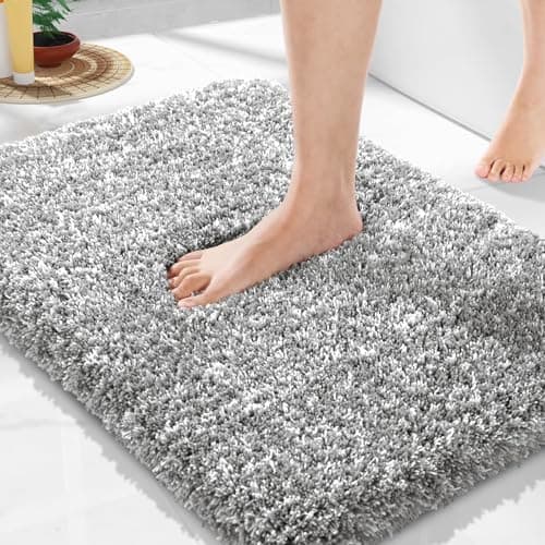 Yimobra Bathroom Rugs Non Slip Washable, Ultra Soft and Water Absorbent Bath Mats, Fluffy Shower Mat Outside, Plush Matts for Bathroom Floor/Sink, 24x17, Home Decor Accessories, Light Gray and White view 1