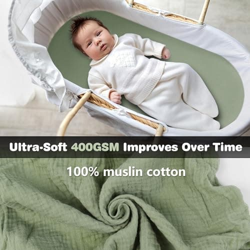 Muslin Bassinet Sheets 3 Pack, Cotton Bassinet Sheets for Baby Girl and Boy, Breathable Bedside Sleeper Bassinet Fitted Sheet, Universal Rectangle & Oval Bassinet Cover, 28x14 to 33x18, Green view 4
