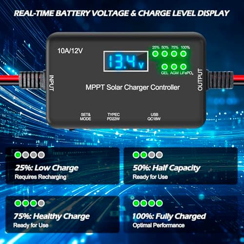 VUICCI 10A MPPT Solar Charge Controller 12V, 30V Max VOC | 22W Type-C & 18W USB Fast Charging | LCD, Multi Protection | Compatible with LiFePO4, AGM, Gel | for RV, Solar Shed Off Grid System view 5