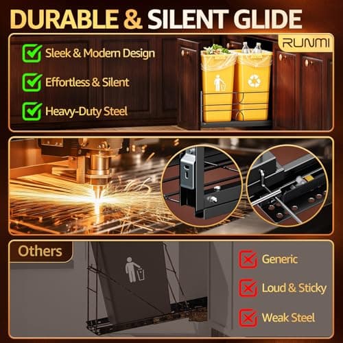 RUNMI Double Pull Out Trash Can Under Cabinet with Soft-Close Slides, 200LB Heavy-Duty Black Under Sink Trash Can Pull Out for Kitchen, Fits Minimum Cabinet Opening 16" W x 23" D, Can Not Included view 5
