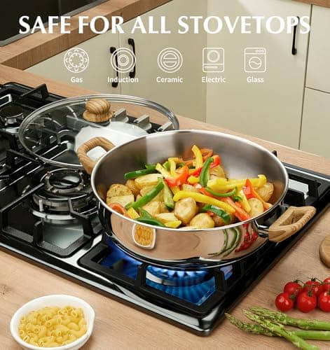 KOCH SYSTEME CS Stainless Steel Saute Pan with Lid, 12 Inch Deep Frying Pan with Double Handles, 5.5 Quart 18/10 Stainless Steel Pan with Cool-Touch Bakelite Handle, Deep Frying Pan, Induction Ready view 3