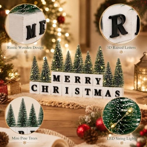 Merry Christmas Table Decor with Warm Lighted Mini Trees and 3D Letters Wooden Christmas Sign for Mantel, Shelf, Fireplace, Entryway, Rustic Farmhouse Indoor Xmas Decor view 4