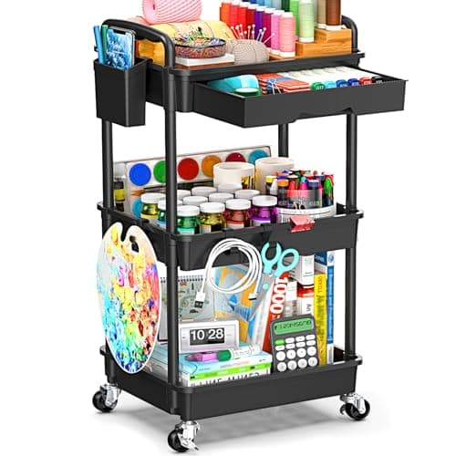 SUNALLY 3 Tier Rolling Storage Carts with Removable Drawers, Lockable Wheels, Hooks & Cup Holders – Easy Assembly Storage Organizer for Kitchen, Bathroom, Office, Craft Room, Makeup, Black