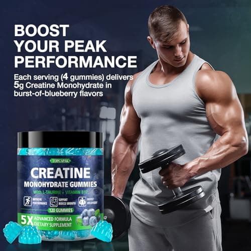 TOPCAPAK Creatine Gummies for Men & Women - Chewable Creatine Monohydrate Gummies with Taurine & Vitamin B12, 5g Creatine per Serving, Blueberry Flavor, Raspberry-Shaped - 120 Count view 4