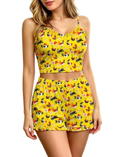 Cetieo Womens Pajama Sets 2 Piece Cute Ruffle Pjs Summer Lounge Tank Top Short Sets Loungewear (US, Alpha, Small, Regular, Regular, Regular, chicken-01) — image 1