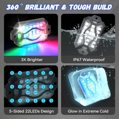 Five-Sided RGB Rock Lights - 4 Pods Multicolor Glow App/Remote Control, Music Sync, Brake Turn Signals, Easy Dual Wiring, Wheel Well Lights Underglow Kit Compatible for Car Trucks Jeep SUV UTV ATV view 3