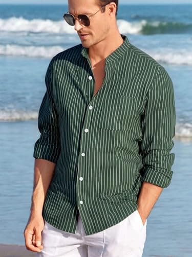 BAYAMO Men's Banded Collar Stripe Shirt, Linen Cotton Mandarin Collar Long Sleeve Button Down Shirts Collarless Tops view 3