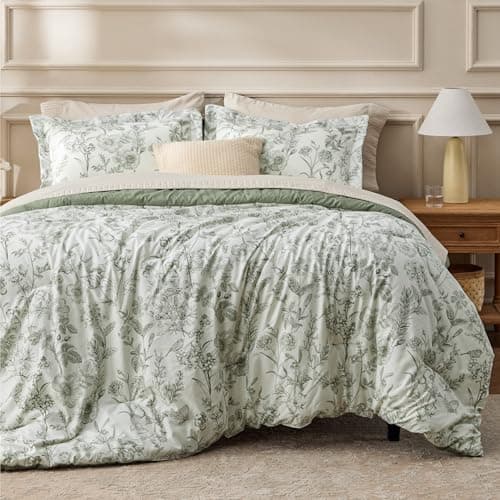 Bedsure Comforter Set Queen Size - Cute Floral Bedding Comforter Set, 3 Pieces, 1 Soft Reversible Desert Sage Sketch Flowers Comforter and 2 Pillow Shams view 1
