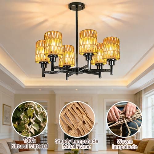 LUCORUSC 6 Pack Rattan Lamp Shades Boho Hanging Light Lamp Shades, Woven LampShades for Floor Lamps Rattan Pendant Lights Boho Lamp Ceiling Light, Table Lamps, Plug in Pendant Light view 5