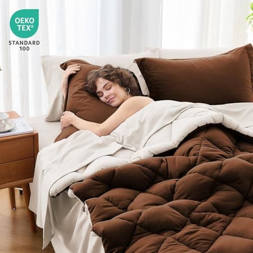 MUXHOMO 7 Pieces Full Comforter Set, Reversible Bed in a Bag Full Size, All Season Bedding Set with Comforter, Flat Sheet, Fitted Sheet, Pillowcases & Shams, Brown & Khaki view 4