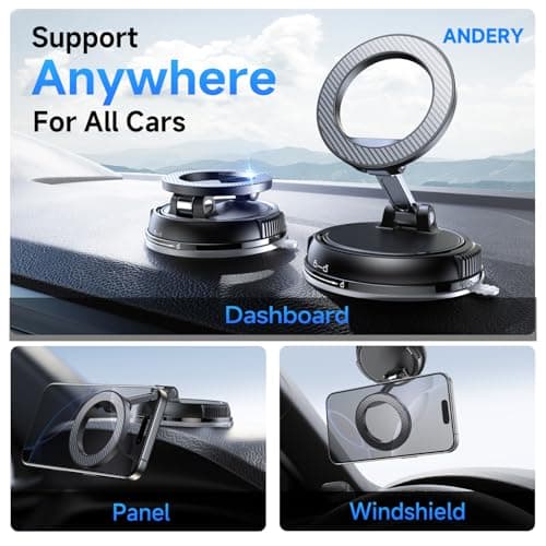 ANDERY Car Phone Holder for Magsafe [78+LBS Strongest Suction & 2400gf Magnetic] 360° Adjustable Car Phone Mount, Phone Holders for Your Car for iPhone 17 Pro Max 16 15 14 13 12 Plus Air, Carbon Fiber view 2