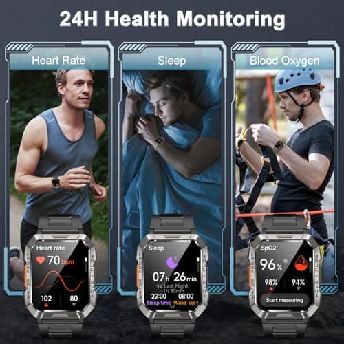 Military Smart Watch for Men(Answer/Make Call), Outdoor Sports Smartwatch with Flashlight/100 Days Battery/Compass/Heart Rate/SpO2/Sleep Monitor/2 Straps, Fitness Tracker for iPhone/Android Phones view 5