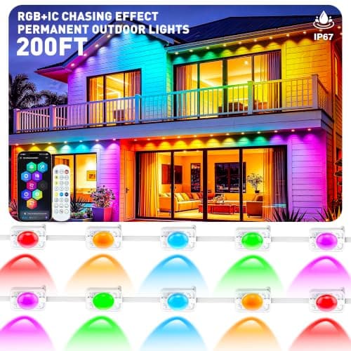 JNUNUSE 200FT Permanent Outdoor Lights, Smart RGB+IC Eaves Lights for House, App & Remote Control, LED Roofline Lights, Waterproof Exterior House Lights for Year-Round Christmas & Holiday Lighting — image 1