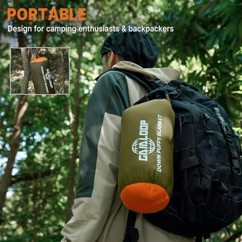 Gaialoop Down Puffy Blanket for 2 Person Car Camping Outdoor Travel Backpacking, 80% Duck Down & 20% Feather Lightweight Portable Soft Warm Cozy Camping Blanket Quilt, Olive Green view 5