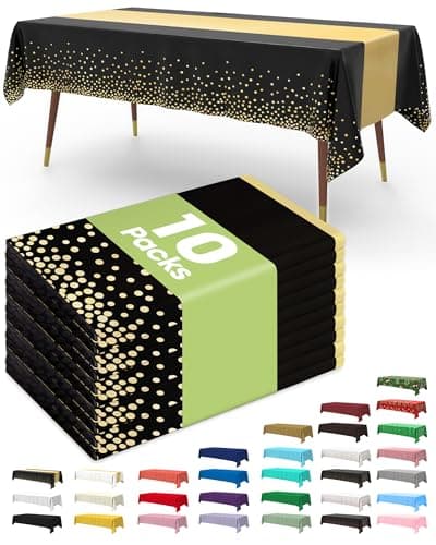 Pureegg Plastic Table Cloth Disposable 10 Pack, 54 x 108 Inch, Table Runner Style, Graduation Decorations 2026, Party Tablecloths, Rectangle, Plastic Cover, Leakproof & Sturdy, Black Gold view 1