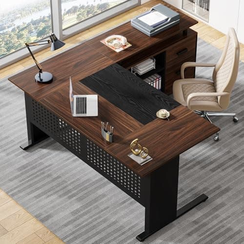 Tribesigns 63 Inch Executive Desk with File Cabinet, Large Office Desk L Shaped Computer Desk with Drawers and Storage Shelves, Business Furniture Desk for Home Office, Dark Walnut and Black view 4