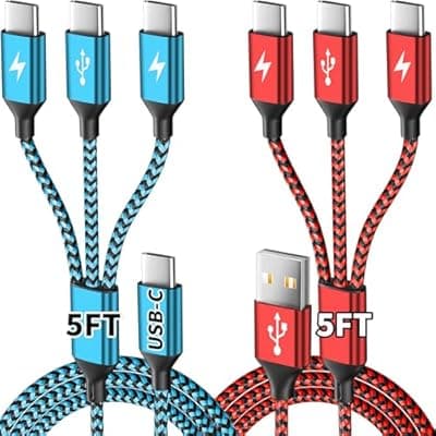 USBC Charger Cable, USB A/C to USB C Multi Charging Cable, Charger Cord Type C [2Pack 5Ft], 3 in 1 Multi Charger Cord, USB C Cable with 3 Type-C Connectors for iPhone 17/16/15, Galaxy S24/23, iPad